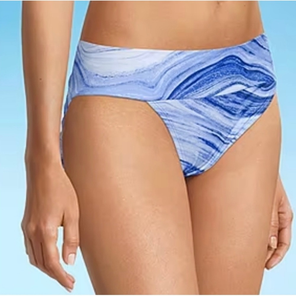 Outdoor Oasis Blue Abstract High Rise Hipster Bikini Bottom Women's Size L NWT